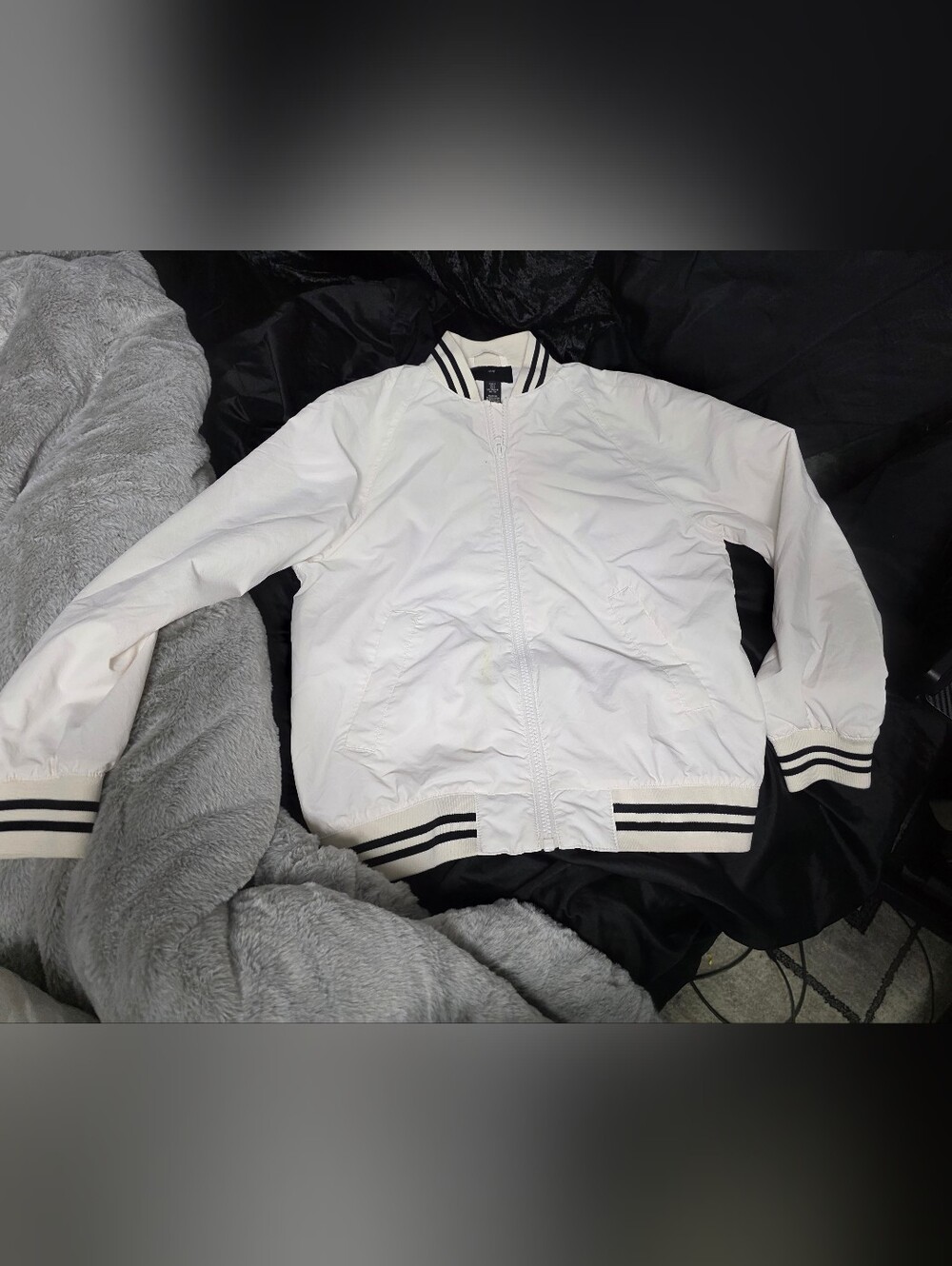 H&M White Bomber Jacket with Black Stripe Trim